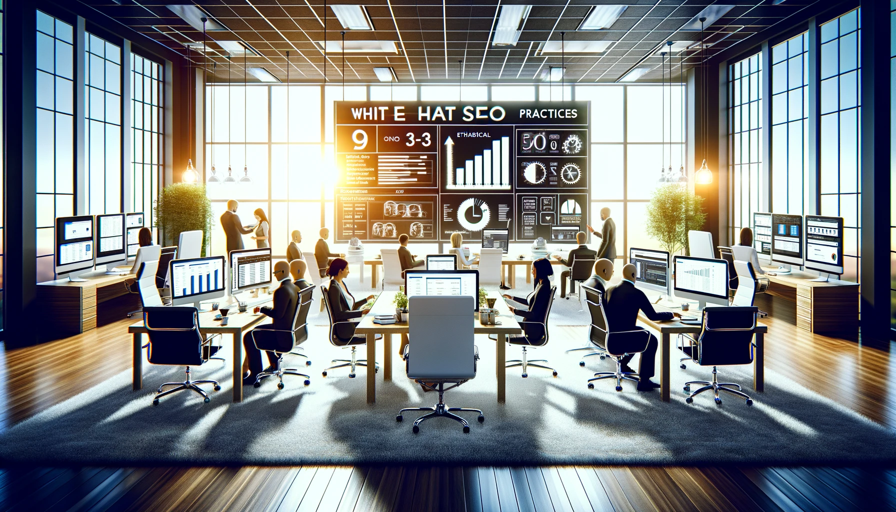 Billedet viser et højdefinitions realistisk professionelt kontormiljø, hvor et team fokuserer på etiske SEO-strategier. Synlige er teammedlemmer, der samarbejder ved deres skriveborde med computere, som viser analyser og søgeplaceringer. En whiteboard i baggrunden skitserer nøgle hvide hat SEO-strategier, hvilket fremhæver kvalitetsindhold, brugertilfredshed og overholdelse af søgemaskinernes retningslinjer. Kontoret er moderne og godt belyst, udstrålende en positiv og innovativ atmosfære, der fremhæver vigtigheden af samarbejde og etiske praksisser i SEO.