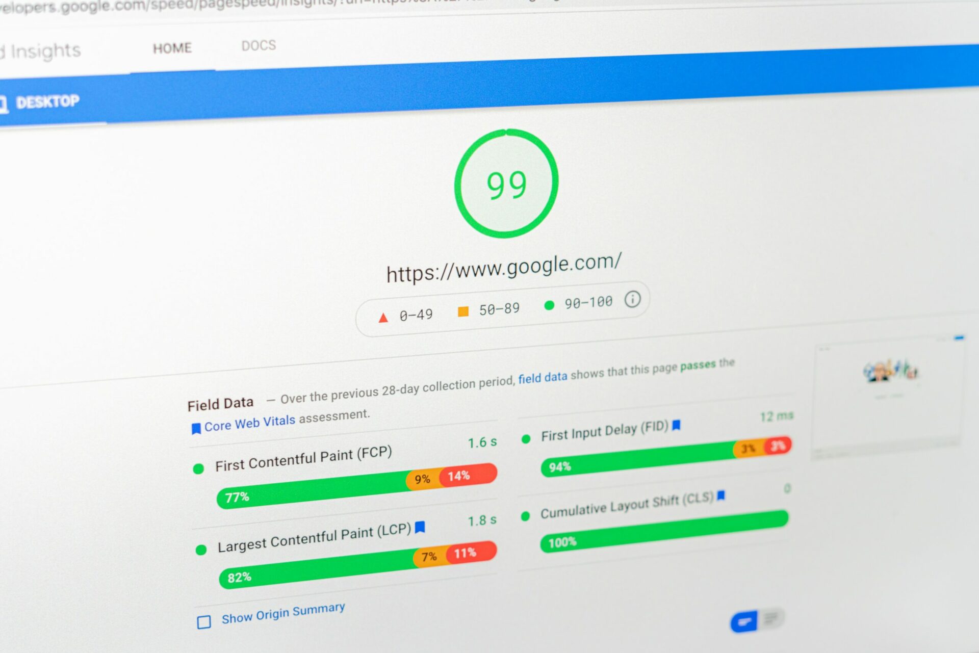 screenshot af google pagespeed af google.com score 99 på desktop